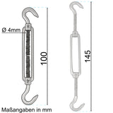 4x Edelstahl Spannschloss Spannschraube D-4mm - M4 - beidseitigen Haken V2A - Seilspanner Segelspanner für Drahtseil - 10-14cm lang Wantenspanner Bruchlast 100 kg