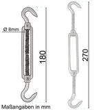 4x Edelstahl Spannschloss Spannschraube D-8mm - M8 - beidseitigem Haken V2A - Seilspanner Segelspanner für Drahtseil - 18-27cm lang Wantenspanner Bruchlast 650kg