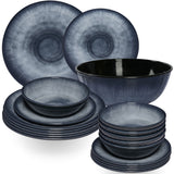 Melamin Geschirr Set Jesolo Grau für 6 Personen 19 Teile - mit Salatschale Steingutoptik Spülmaschinengeeignet Essgeschirr Campingzubehör Campinggeschirr Wohnwagen Camping Festival Picknick Gartenparty