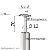 Edelstahl Geländerpfosten Endpfosten rechts mit Glashalter 8,76mm und Handlauf-Träger - 42,4mm - Wangemontage V2A - seitliche Montage vormontiert - Glasgeländer Geländerstützen Pfosten Zaunpfosten aussen