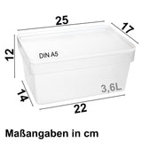 Ordnungsbox mit Deckel - stapelbar - milchig-transparent - DINA5 Format - 12 cm hoch 17x25x12 cm - 3,6 Liter - Ordnungskorb