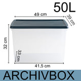 AUFBEWAHRUNGSBOX - 50 Liter - Archivbox für 6 Aktenordner DINA4-Format 49x38,5x32 cm - transparent Navy Blau - stapelbar - Archivkiste Kunststoff Box Stapelkiste Büro Storage Aufbewahrung