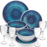 Melamin Geschirr Set Jesolo Blau für 4 Personen - 16 Teile - mit klarem Weinglas 290ml aus Acryl - Steingutoptik Campinggeschirr