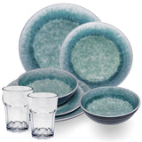 Melamin Geschirr Set Adria Blue für 2 Personen - 8 Teile Blau - mit klarem Trinkglas 400 ml aus Acryl Steingutoptik Campinggeschirr Camping