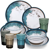 PRODUKTSET - 33413+30665+66+67+69 - Hummelladen Melamingeschirrset Lagune mit farbigen Gläsern 400ml 4 Personen