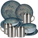 Melamin Geschirr Set Mondgranit Blau-Grau für 4 Personen - 16 Teile - mit Edelstahl Thermo Tassen Steingutoptik Spülmaschinengeeignet Essgeschirr Campingzubehör Campinggeschirr Wohnwagen Camping Festival Picknick Gartenparty