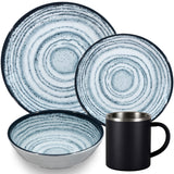 Melamin Geschirr Set Blau Schiefer für 2 Personen - 8 Teile - mit Edelstahl Thermo Tassen Steingutoptik Spülmaschinengeeignet Essgeschirr Campingzubehör Campinggeschirr Wohnwagen Camping Festival Picknick Gartenparty