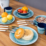 Melamin Geschirr Set Adria Blue für 4 Personen - 16 Teile Blau - mit klarem Trinkglas 400 ml aus Acryl Steingutoptik Campinggeschirr