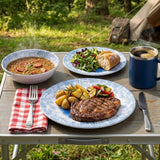 Melamin Geschirr Set Wish Flower Blau für 2 Personen - 8 Teile - mit Edelstahl Thermo Tassen Pusteblume Steingutoptik Spülmaschinengeeignet Essgeschirr Campingzubehör Campinggeschirr Wohnwagen Camping Festival Picknick Gartenparty