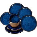 Melamin Geschirr Set für 4 Personen Steingutoptik blau-braun - 12 Teile - Campinggeschirr Geschirr Set Tafelgeschirr