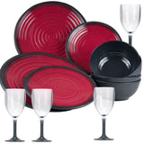 Melamin Geschirr Set für 4 Personen 16 Teile mit Campingglas Trinkglas Weinglas rot schwarz Tonoptik - Essgeschirr Acryl Gläser Wasserglas - Campinggeschirr Picknick ideal für Camping modern Outdoor