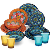 Melamin Geschirr Set Toskana Pastel für 4 Personen - 16 Teile - Orange-Blau - Mandala-Optik mit farblich passenden Trinkgläsern 360 ml aus Acryl Campinggeschirr