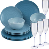 Melamin Geschirr und Acryl Glas Set für 4 Personen - 16 Teile - Campinggeschirr - blau mit Sektglas 150 ml Gläsern - Essgeschirr