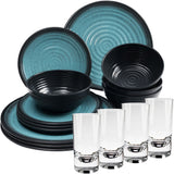 Melamin Geschirrset für 4 Personen blau schwarz - 16 Teile - mit klaren Trinkgläsern 290 ml Campinggeschirr Essgeschirr Gläser Wasserglas Tumbler Whiskey Campinggeschirr Picknick Camping Outdoor