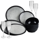 Melamin Geschirr Set für 4 Personen Grau Granit-Optik 16 Teile - mit klaren Sektgläsern 150 ml - Campinggeschirr Geschirrset Tafelgeschirr - Spülmaschinengeeignet Tableware Outdoor Camping