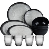 Melamin Geschirr Set für 4 Personen Grau Granit-Optik 16 Teile - mit grauen Trinkgläsern 230 ml - Campinggeschirr Geschirrset