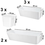 8 Teile Organizer Set - 10 cm hoch - weiß - Boxen in 3 Größen - Schubladeneinsatz passend für Schubladen von 30 x 50 cm