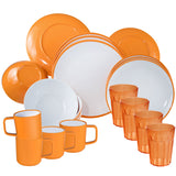 Melamin Geschirr und Acryl Glas Set für 4 Personen - 20 Teile - Campinggeschirr - gelb weiß - mit Trinkglas 450 ml Gläsern - Anti-Slip-Tassen