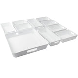 Schminktisch Schubladen Organizer Set - 10 Teile - Ordnungssystem - weiß - 5 cm hoch - 55x58 cm Boxen in 3 Größen - Aufbewahrungsbox Box Schubladeneinsatz