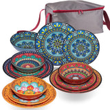 Melamin Geschirr Set Toskana für 4 Personen - 13 Teile mit Tasche - BUNT - Mandala-Optik  Campinggeschirr