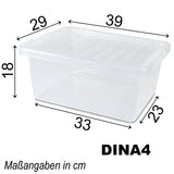 AUFBEWAHRUNGSBOX 18 CM HOCH - 14 Liter - DINA4-Format Aufbewahrungsbox mit Deckel - 40x30x18cm - transparent klar - stapelbar - Kunststoff Box Stapelkiste Unterbettkommode Büro