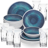 Melamin Geschirr Set Jesolo Blau für 6 Personen - 24 Teile - mit klarem Trinkglas 450ml - aus Acryl Steingutoptik Campinggeschirr