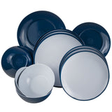 Melamin Geschirr und Acryl Glas Set für 4 Personen - 16 Teile - Campinggeschirr - blau weiß - mit Trinkglas 450 ml blau Gläsern - Essgeschirr