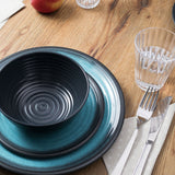 Melamin Geschirr Set Blau Schwarz für 4 Personen 16 Teile mit Edelstahl Thermo Tassen doppelwandig - Tonoptik Essgeschirr - Campinggeschirr Picknick ideal für Camping modern Outdoor