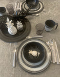 Melamin Geschirr Set für 4 Personen Grau Granit-Optik 16 Teile - mit klaren Trinkgläsern 580 ml - Campinggeschirr Geschirrset Tafelgeschirr - Spülmaschinengeeignet Tableware Outdoor Camping