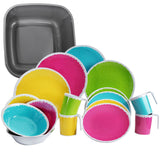 Melamin Geschirr für 4 Personen in BUNTEN Farben 17 Teile MIT SPÜLSCHÜSSEL ideal für Camping - mit je 4 großen Teller, 4 Dessertteller, 4 Schälchen, 4 stapelbare Tassen - sehr robust - farbecht