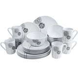 Melamin Geschirr Set für 6 Personen 24 Teile - schwarz weiß - Geschirrset mit Tassen Campinggeschirr Tafelgeschirr Camping
