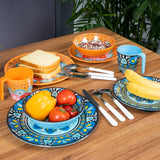 Melamin Geschirr Set Toskana Pastel für 2 Personen - 8 Teile - Orange-Blau - Mandala-Optik mit farblich passenden Trinkgläsern 450 ml aus Acryl Campinggeschirr