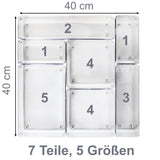 Schubladen Organizer 5,5 cm hoch - 7 Teile 40x40 cm 5 Größen klar transparent Antislip - Ordnungssystem für Schminktisch Kosmetik Bad Küche Kiste Besteck Aufbewahrungsbox Ordnungsbox Schubladeneinsatz