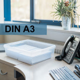 AUFBEWAHRUNGSBOX - 14,75 Liter - DIN A3-Format mit Deckel - 49x38,5x10,5 cm - transparent Navy Blau stapelbar Sammelbox Sammelmappe Kunststoff Box Stapelkiste Zeichenblock Büro Storage Aufbewahrung Flach