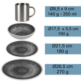 Melamin Geschirr Set Lagune für 2 Personen - 8 Teile - mit Edelstahl Thermo Tassen Steingutoptik Spülmaschinengeeignet Essgeschirr Campingzubehör Campinggeschirr Wohnwagen Camping Festival Picknick Gartenparty