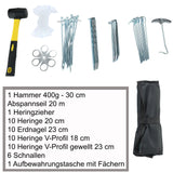 Zeltzubehör Set in praktischer Aufbewahrungstasche 50 Teile - 40 Heringe Heringzieher Campinghammer Abspannseil Seil-Schnalle Campingzubehör Bodenanker Zeltnagel Erdnagel