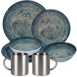 Melamin Geschirr Set Mondgranit Blau-Grau für 2 Personen - 8 Teile - mit Edelstahl Thermo Tassen Steingutoptik Spülmaschinengeeignet Essgeschirr Campingzubehör Campinggeschirr Wohnwagen Camping Festival Picknick Gartenparty