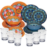 Melamin Geschirr Set Toskana Pastel für 6 Personen - 24 Teile - Orange-Blau - Mandala-Optik mit klaren Trinkgläsern 400 ml aus Acryl Spülmaschinengeeignet Campinggeschirr