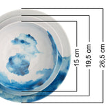 Melamin Geschirrset für 4 Personen - 16 Teile mit Trinkglas hellblau elegante Steingut Optik in weiss-blau Essgeschirr Wasserglas