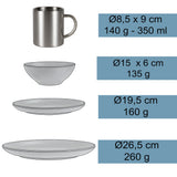 Melamin Geschirr Set Grau Schwarz für 4 Personen 16 Teile mit Edelstahl Thermo Tassen doppelwandig - Tonoptik Essgeschirr - Campinggeschirr Picknick ideal für Camping modern Outdoor