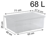 AUFBEWAHRUNGSBOX 68 Liter - Aufbewahrungsbox mit Deckel - 71x47x25cm - transparent klar - stapelbar - Kunststoff Box Stapelkiste Unterbettkommode Büro