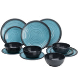 Melamin Geschirr Set Blau Schwarz für 6 Personen 24 Teile mit Edelstahl Thermo Tassen doppelwandig - Tonoptik Essgeschirr - Campinggeschirr Picknick ideal für Camping modern Outdoor