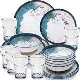 PRODUKTSET - 33413+30663 - Hummelladen Melamingeschirrset Lagune mit klaren Gläsern 400ml 6 Personen