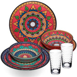 Melamin Geschirr Set Toskana Deep für 2 Personen - 8 Teile - Rot-Grün - Mandala-Optik mit klaren Trinkgläsern 260 ml Campinggeschirr