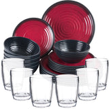 Melamin Geschirr Set rot für 6 Personen 24 Teile mit Trinkglas klar schwarz Tonoptik - Essgeschirr Acryl Wasserglas - Campinggeschirr