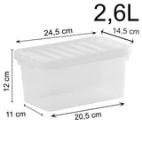 AUFBEWAHRUNGSBOX - 2,6 Liter - Aufbewahrungsbox mit Deckel - 24x14x12cm - transparent klar - stapelbar - Kunststoff Box Stapelkiste Ordnungsbox Büro DIY