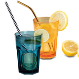 Melamin Geschirr Set Toskana Pastel für 4 Personen - 16 Teile - Orange-Blau - Mandala-Optik mit farblich passenden Trinkgläsern 400 ml aus Acryl Campinggeschirr
