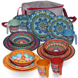 Melamin Geschirr Set Toskana für 4 Personen - 17 Teile mit Tasche - BUNT - Mandala-Optik  Campinggeschirr