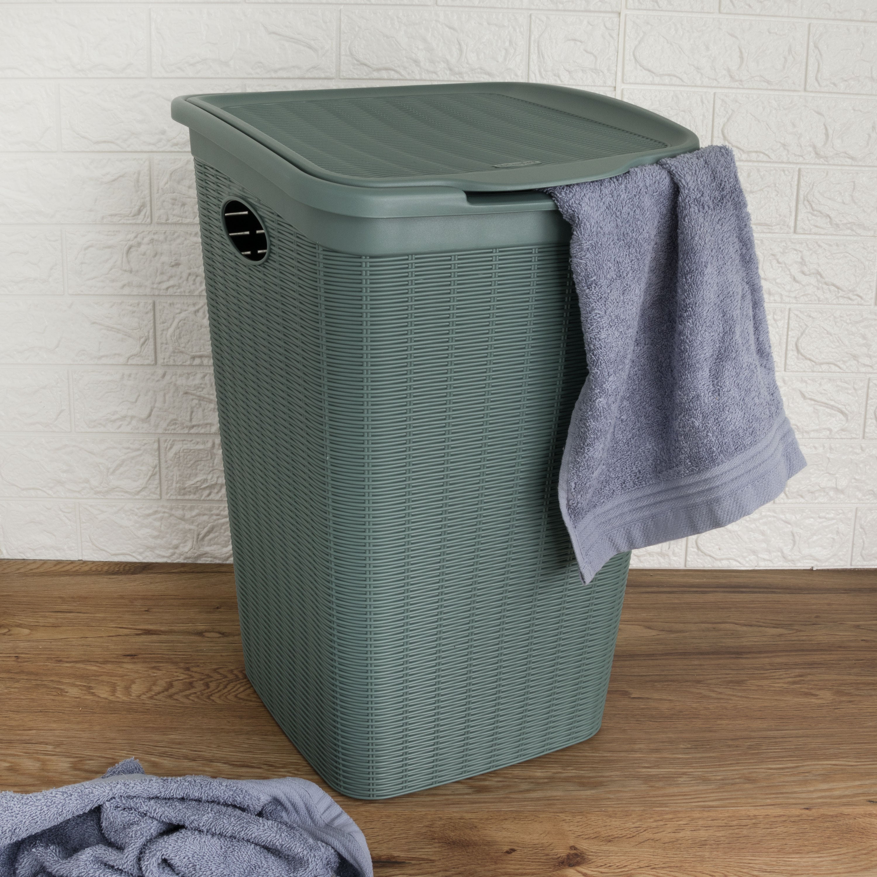 Wäschekorb 50 Liter Mit Deckel – Rattanoptik, Aus Recyceltem Kunststoff, 38x36x54 Cm, Grün, Mit Belüftungslöchern